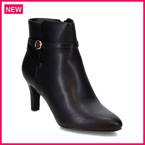 Shoes - Heeled Ankle Booties with Buckle Accent, Faux Leather, 2.75 Inch Heel